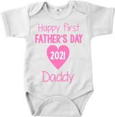 Vaderdag cadeau rompertje-Happy first father's day 2021-wit-roze-korte mouw-Maat 74