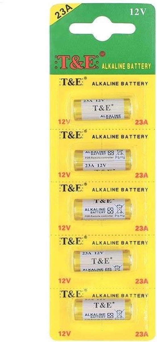 T&E 23A Alkaline Batterijen - 12V - 5 Stuks