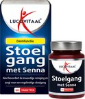 Lucovitaal Stoelgang met Senna verpakking met 60 tabletten en een flesje met 60 tabletten. De verpakking heeft een blauw en wit design met een rode figuur.