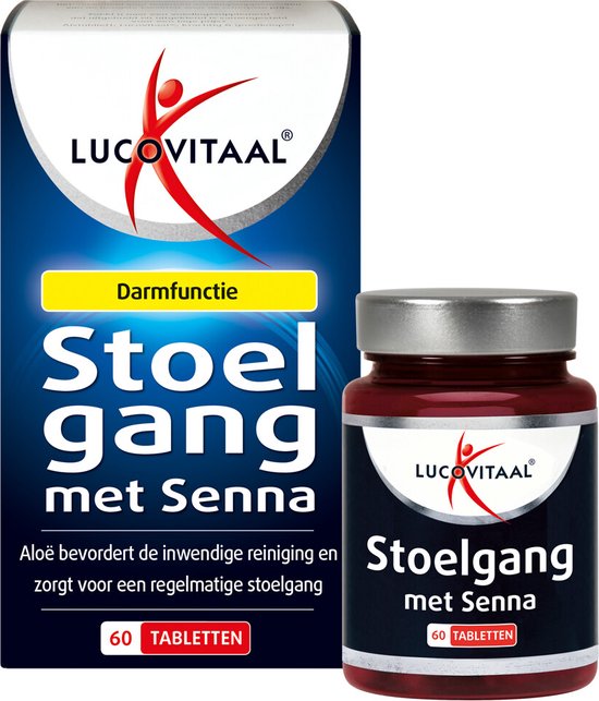 Lucovitaal Stoelgang met Senna verpakking met 60 tabletten en een flesje met 60 tabletten. De verpakking heeft een blauw en wit design met een rode figuur.