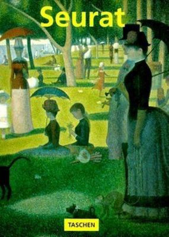 Boek met de titel "Seurat". Afbeelding van een schilderij met stippelstijl, mensen op een zonnige dag in een park met parasols.