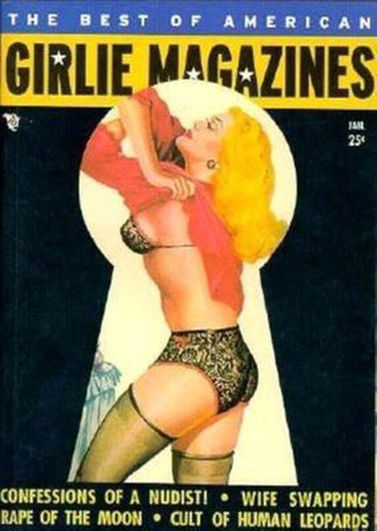 Model met blond haar, gekleed in lingerie, trekt haar rode blouse uit. De titel "The Best of American Girlie Magazines" staat bovenaan.