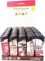 Klik aanstekers LONDON CITIES 50 stuks in tray navulbaar electronic lighters- Unilite (high quality)