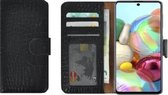 Geschikt voor Samsung Galaxy A72 Hoesje - Wallet Case - A72 Wallet Book Case Echt Leer Croco Zwart Cover