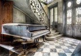 Peinture sur verre Bâtiment avec piano - Salle abandonnée - 120x80 cm - Zwart, blanc, gris