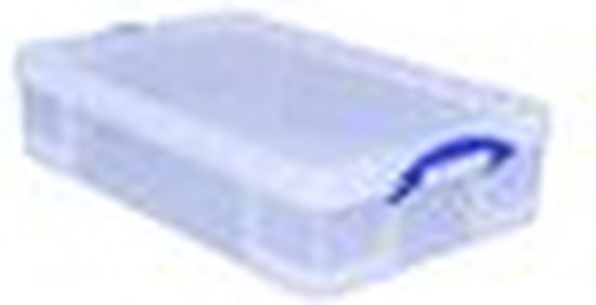 Duidelijke plastic opbergbox van 33 liter met blauwe handvatten en deksel.