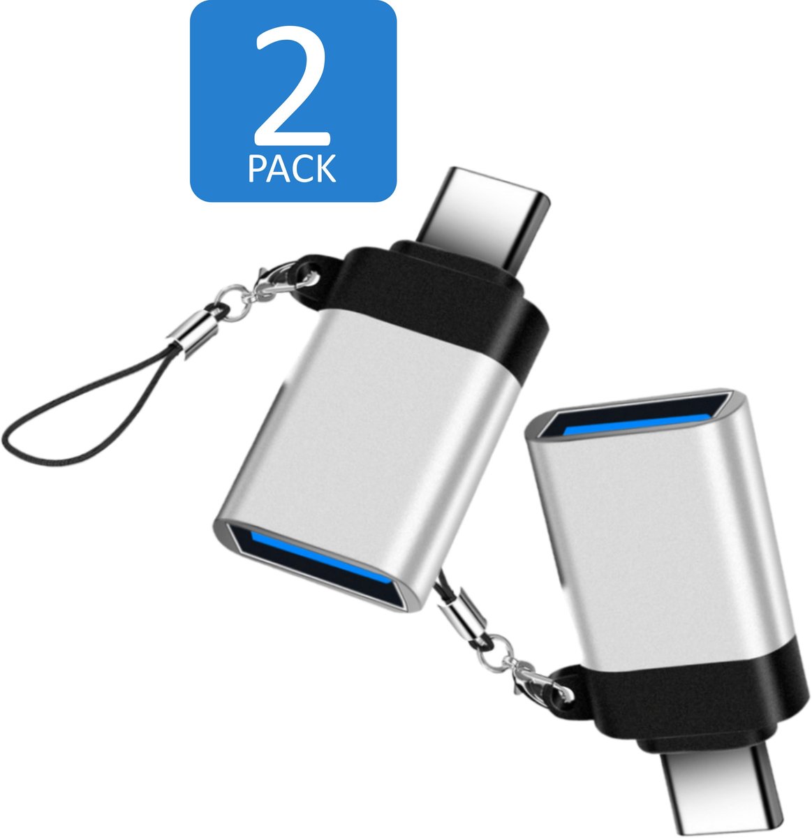 USB-C naar USB-A 3.0 Adapter – 2 delige set USB-C converter met koord – USB verloop -5Gbps - Zilver - BrightSide
