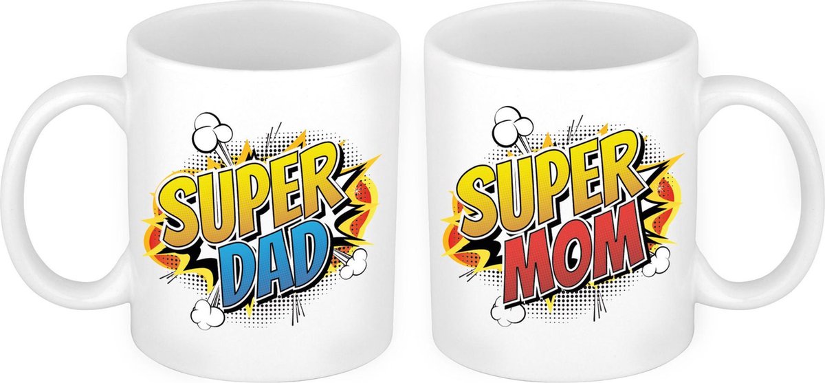 Pop art Super Dad en Mom mok - Cadeau beker set voor Papa en Mama - Moederdag en Vaderdag cadeautje