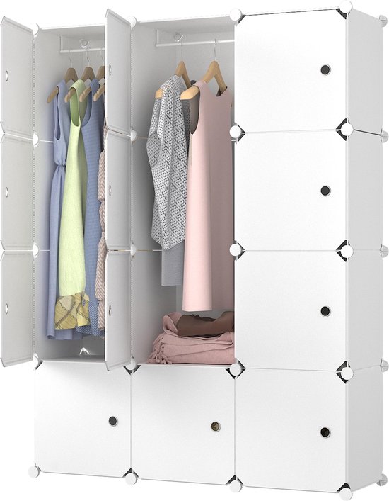 Lowander 3x4 vakkenkast 'Torino' wit 148x111 cm - kunststof kledingkast met hangruimte / roomdivider afsluitbaar - Lowander