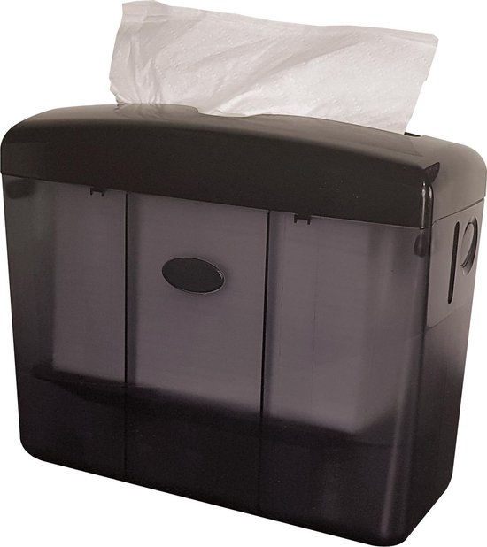 Zwarte papieren handdoekdispenser met een transparante deur.