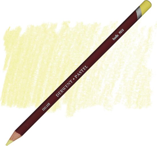 Derwent pastel potlood in kleur "Vanilla P010" met een donkerrode huls en een gele punt.