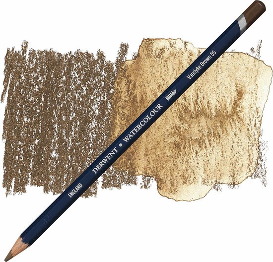 Derwent Watercolour potlood, Vandyke Brown 55. Donkerbruine strepen en een wazige, bruine verfvlek.
