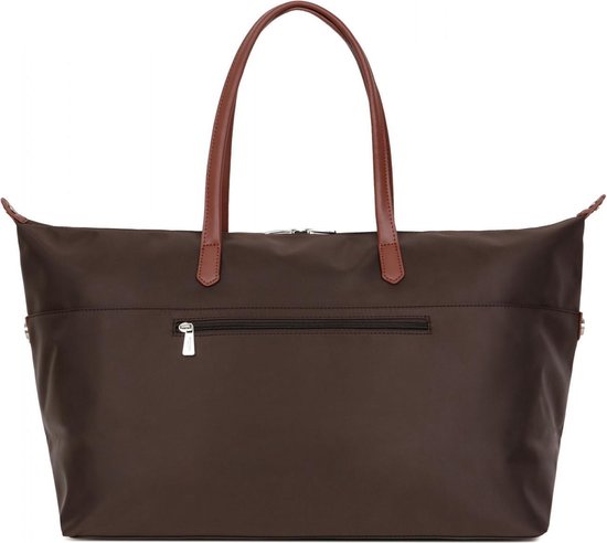 Sac de voyage marron avec anses marron et une poche arrière zippée.