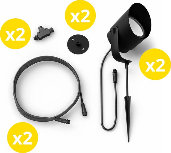 Set van 2 zwarte tuinspots met accessoires en informatie labels 'x2'.