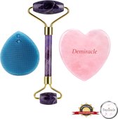 Demiracle® Face Roller & Gua Sha Love Bundle met Blauwe Siliconen Gezichtsborstel – Amethist – Rose Quartz – Face Rollers – Gezichtsmassage – Massagetools – Massage - Ontspanning – Kwaliteit