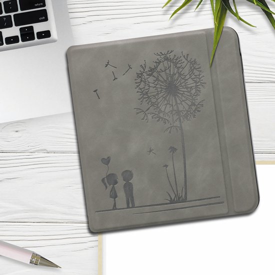 kwmobile e-reader hoesje geschikt voor Tolino Vision 5 hoes - Ereader flip case met standaard - Kunstleren e reader cover - Paardenbloemen Liefde design in grijs van kwmobile — afbeelding 4