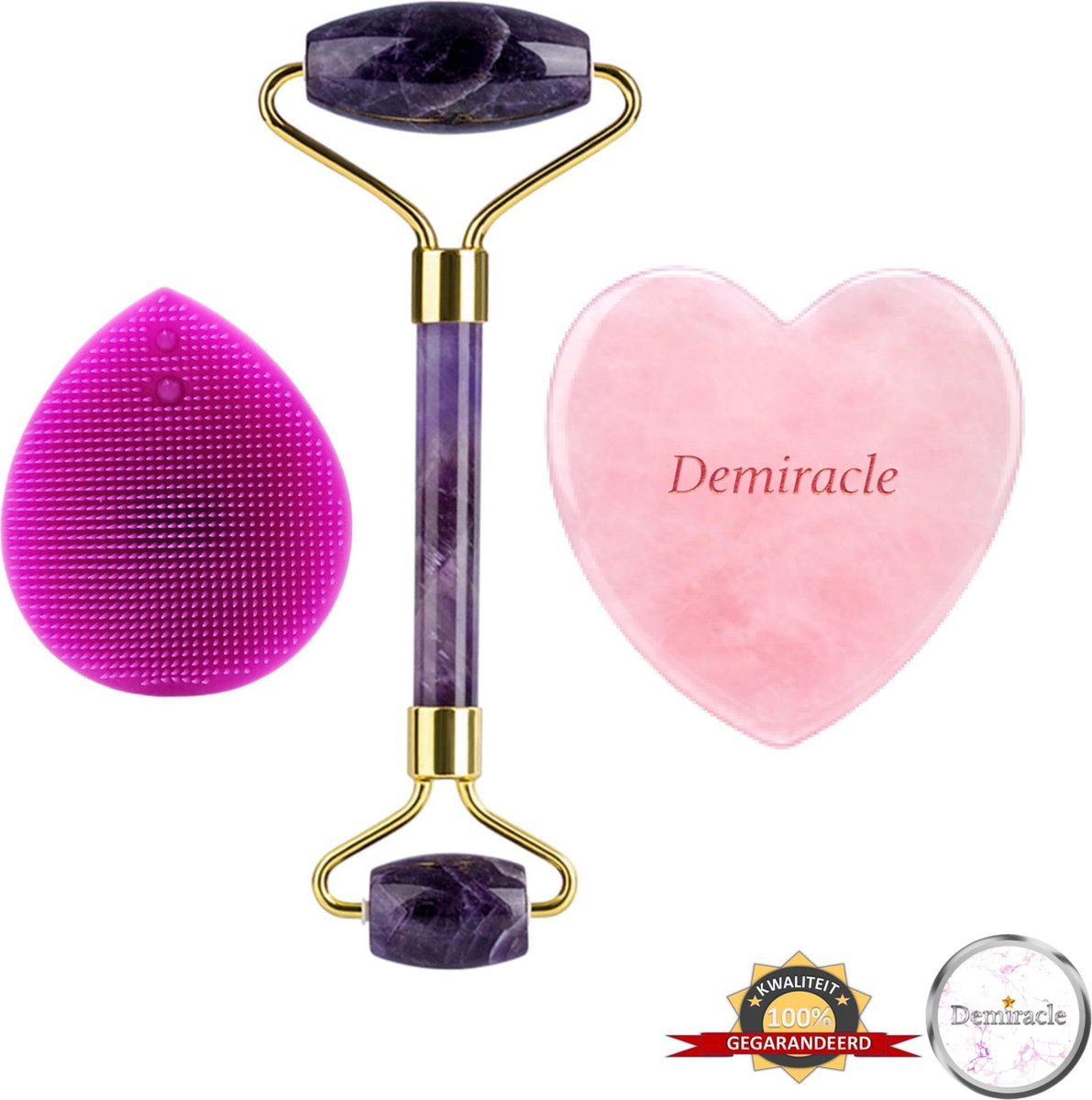 Demiracle® Face Roller & Gua Sha Love Bundle met Paarse Siliconen Gezichtsborstel – Amethist – Rose Quartz – Face Rollers – Gezichtsmassage – Massagetools – Massage - Ontspanning – Kwaliteit