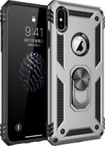 Stevige Magnetische Anti shock ring Geschikt voor Apple iPhone X (Xs) back cover case- schokbestendig-TPU met stand Zilver + gratis screenprotector
