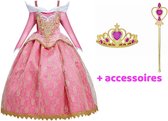Prinsessenjurk Meisje - Roze Jurk - Verkleedkleren Meisje - 98/104 (100) - Prinsessen Verkleedkleding - Kroon - Toverstaf - Handschoenen - Carnavalskleding Kinderen - Kleed - Verja
