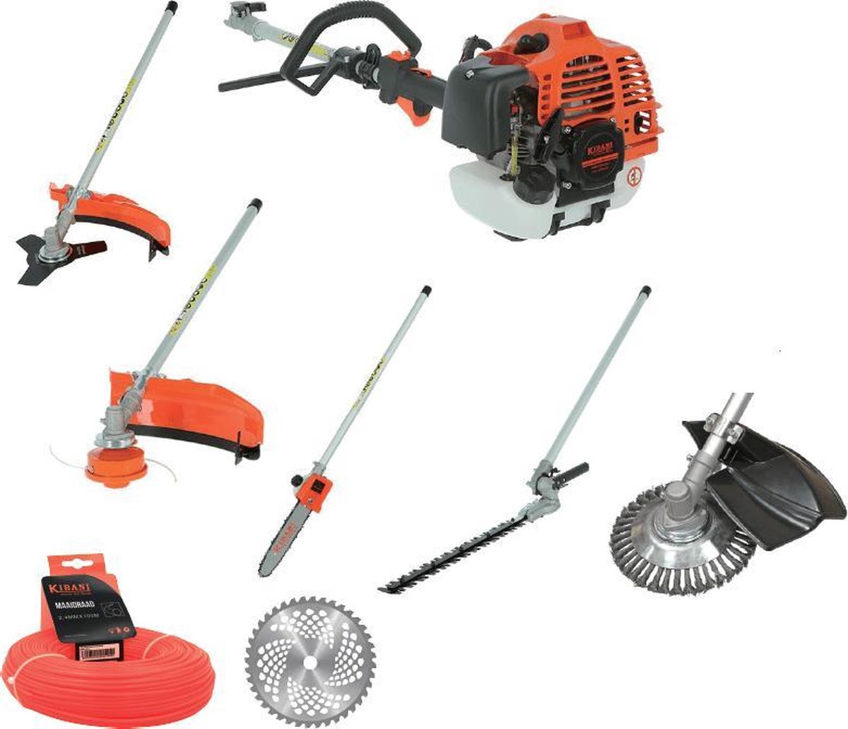 Kibani 6-in-1 Multitool - 52 cc / 1.9 PK 2-takt Benzine Motor - Heggenschaar, Kettingzaag, Grastrimm