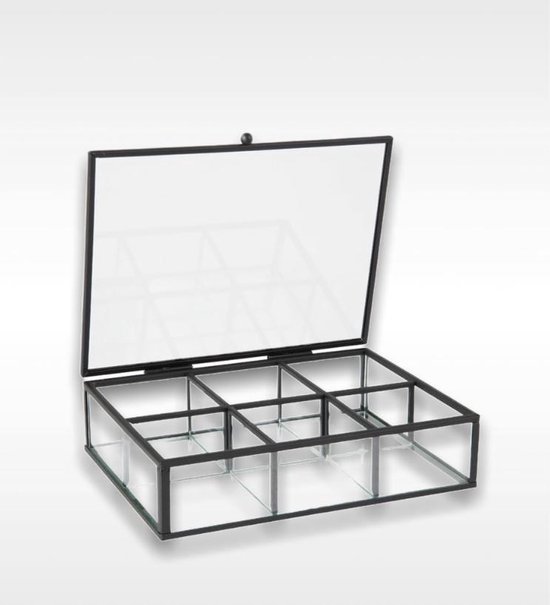 H&L theedoos zwart - metaal - glas - 6 vakjes - sieradendoos - 20 x 15 5 cm bol.com