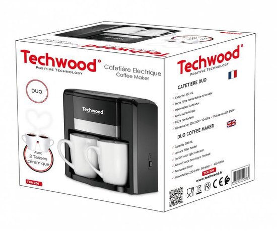 Techwood - Cafetière Techwood Duo TCA-206 - avec deux tasses en porcelaine  | bol