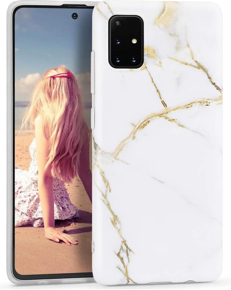 Geschikt voor Samsung Galaxy A21s hoesje - Wit / Goud - Marmer - Soft TPU