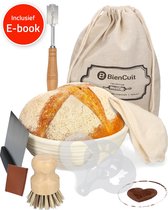 BienCuit® Rijsmandje Complete set voor Brood Bakken – Ronde Banneton Ø23 cm – Inclusief Deegschraper, Deegkleed, Deegmesje & Broodzak – Zuurdesem - Baksets