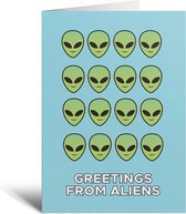 Kaart - Greetings From Aliens - Aliens - UFO - Grappig - Verjaardag - Groen - Blauw - Vriendin