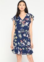 LOLALIZA Korte jurk met bloemen en ceintuur - Marine Blauw - Maat 40