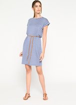 LOLALIZA Halflange jurk met strepen en ceintuur - Marine Blauw - Maat 38