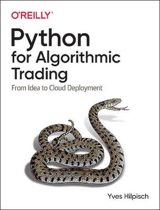 Livre O'Reilly 'Python for Algorithmic Trading From Idea to Cloud Deployment' avec un serpent sur la couverture.