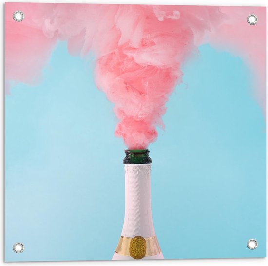 Tuinposter – Roze Wolken uit Champagnefles - 50x50cm Foto op Tuinposter  (wanddecoratie voor buiten en binnen)