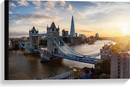 Canvas  - Zonnestralen bij Tower Bridge in Londen - 60x40cm Foto op Canvas Schilderij (Wanddecoratie op Canvas)