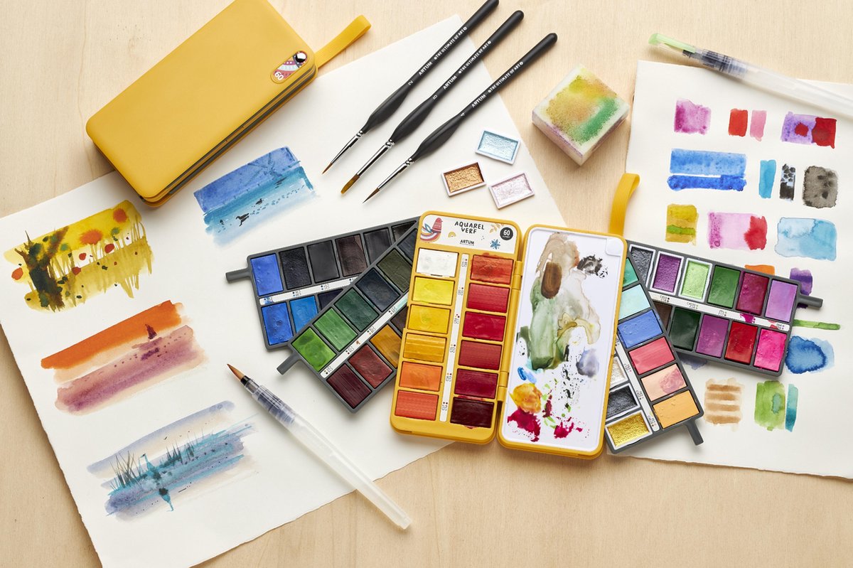 Aquarelverf Set met 60 Kleuren - Met Waterbrush en Spons - Waterverf - Schilderen - Handlettering - Brush Pennen — afbeelding 7