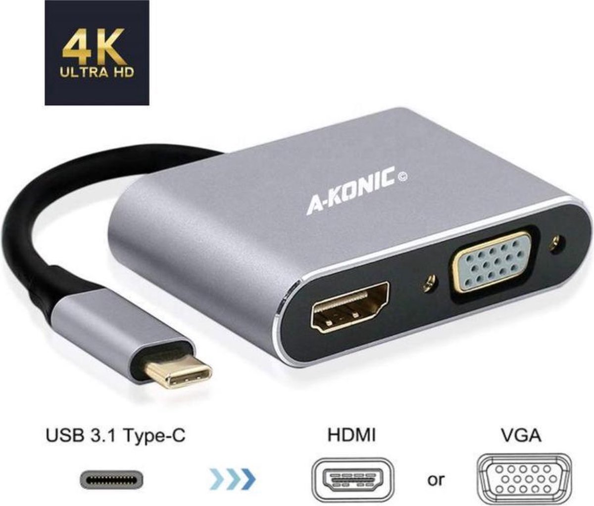 A-KONIC© Usb-C naar VGA Adapter - 2 in 1 HUB - Compatible Apple Macbook Pro - Chromebook - IMAC - XPS - Dell - Lenovo - HP - Spacegrey