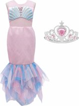 Zeemeermin jurk Prinsessen jurk licht roze + kroon - Maat 128/134 (130) verkleedjurk verkleedkleding