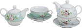 Cadeautip - Theepot The For One set - set van 3 - Turquoise met bloemen - inhoud 1 kopje thee - vaatwasserveilig - magnetronveilig
