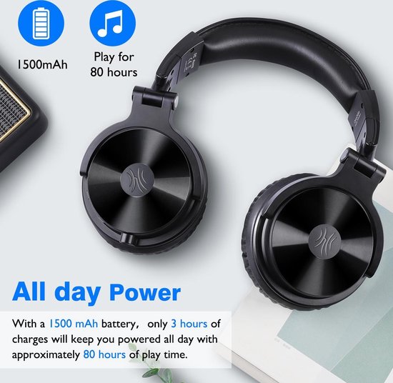 Zwarte over-ear koptelefoon met 1500 mAh batterij en 80 uur speeltijd.