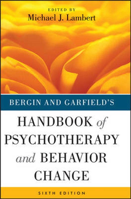Boek "Bergin and Garfield's Handbook of Psychotherapy and Behavior Change", zesde editie, met een oranje en gele achtergrond van bloemblaadjes.