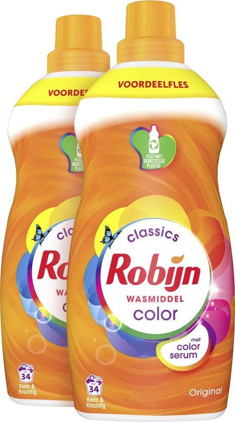Robijn Klein & Krachtig Color Vloeibaar Wasmiddel - 2 x 34 wasbeurten - Voordeelverpakking
