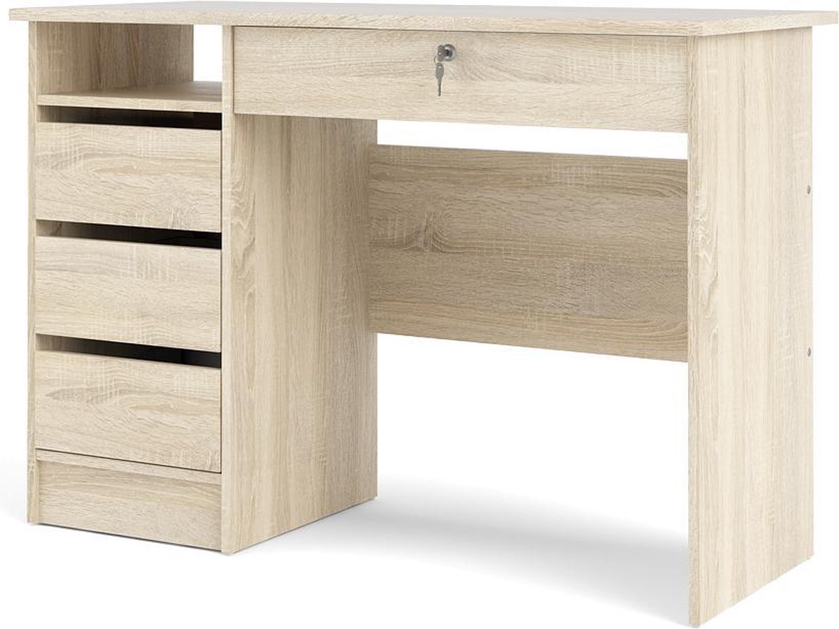 Bureau Plus avec 1 étagère, 3 petits tiroirs et 1 grand tiroir à clé, décor  chêne. | bol.com