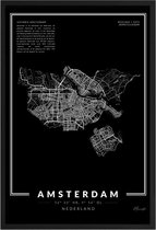 Poster Stad Amsterdam - A3 - 30 x 40 cm - Inclusief lijst (Zwart MDF)