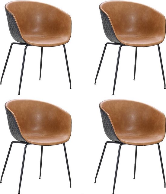 Chaise de salle à manger industrielle Sara cuir PU cognac/noir - Lot de 4 Chaises de salle à manger
