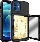 Schokbestendige pc + TPU-beschermhoes met kaartsleuven en spiegel voor iPhone 12 mini (zwart)