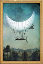 JUNIQE - Poster met houten lijst The Moon Ship -30x45 /Blauw & Grijs