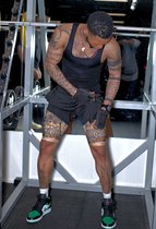 Pfeka Heren 2in1 zwarte kortebroek met bruine Afrikaanse print Men's fitness shorts Maat M