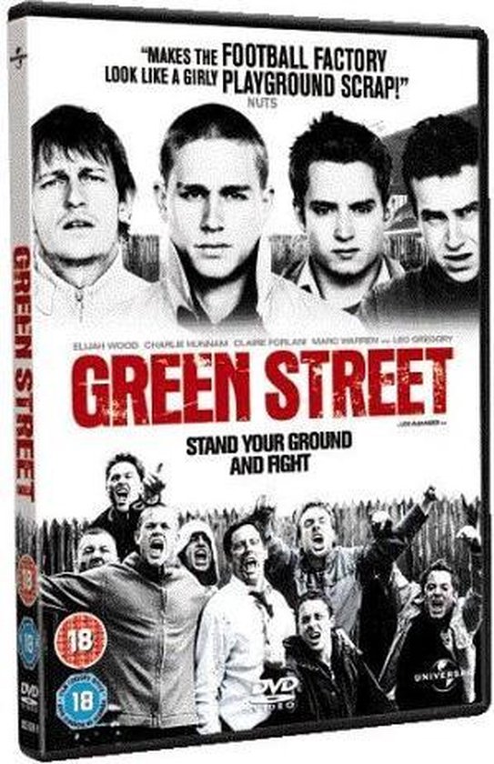 DVD-hoes van "GREEN STREET" met een groep luidruchtige mannen onder een hek en de gezichten van vijf hoofdrolspelers bovenin.