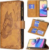 Voor Xiaomi Poco M3 Pro/Redmi Note 10 5G Vliegende Vlinder Embossing Patroon Rits Horizontale Flip Lederen Case met Houder & Kaartsleuven & Portemonnee (Bruin)