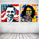 Barack & Michelle Obama Pop Art Canvas x2 - 100 x 100 cm - Canvasprint - Op dennenhouten kader - Geprint Schilderij - Popart Wanddecoratie